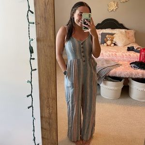 Striped Jumpsuit with Button Accent
